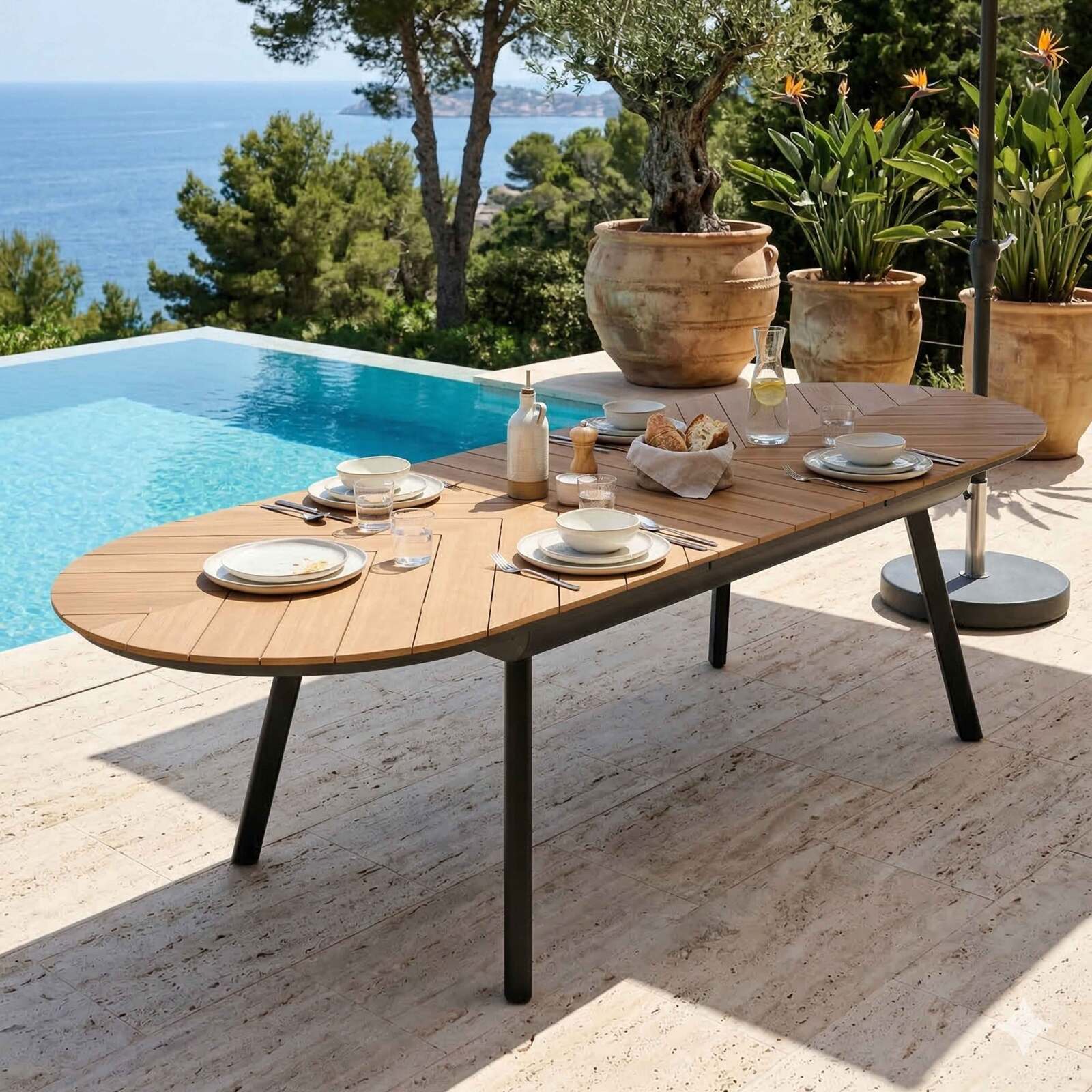 Mesa de jardín extensible efecto madera de aluminio y polywood 8 a 12 personas 220/280x100 cm 