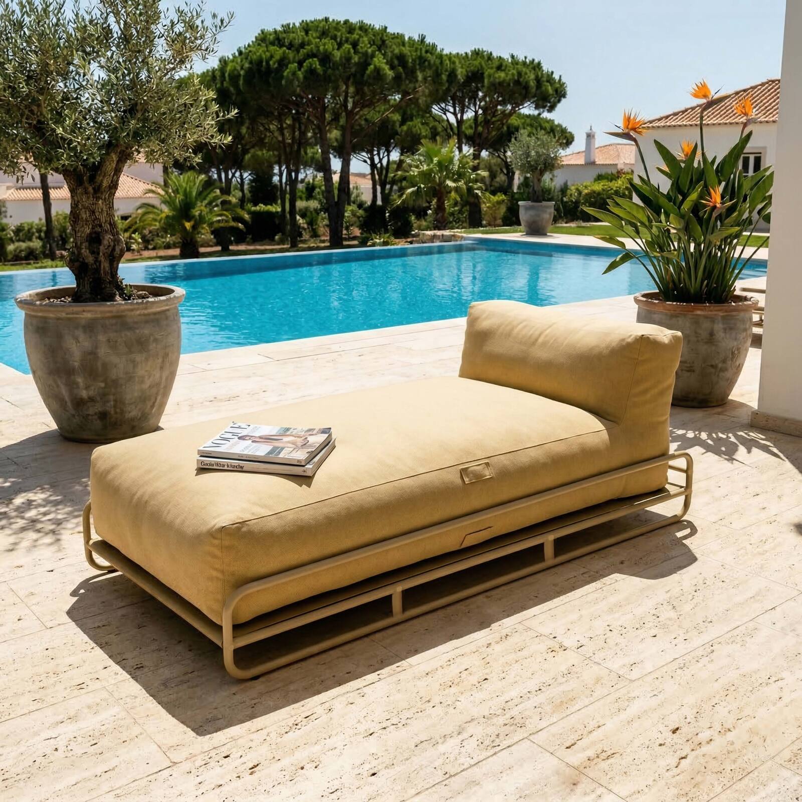 Sofá modular de exterior para 5 personas con estructura, 2 sillones, 1 sillón esquinero, 1 tumbona, 1 puf y mesa de centro