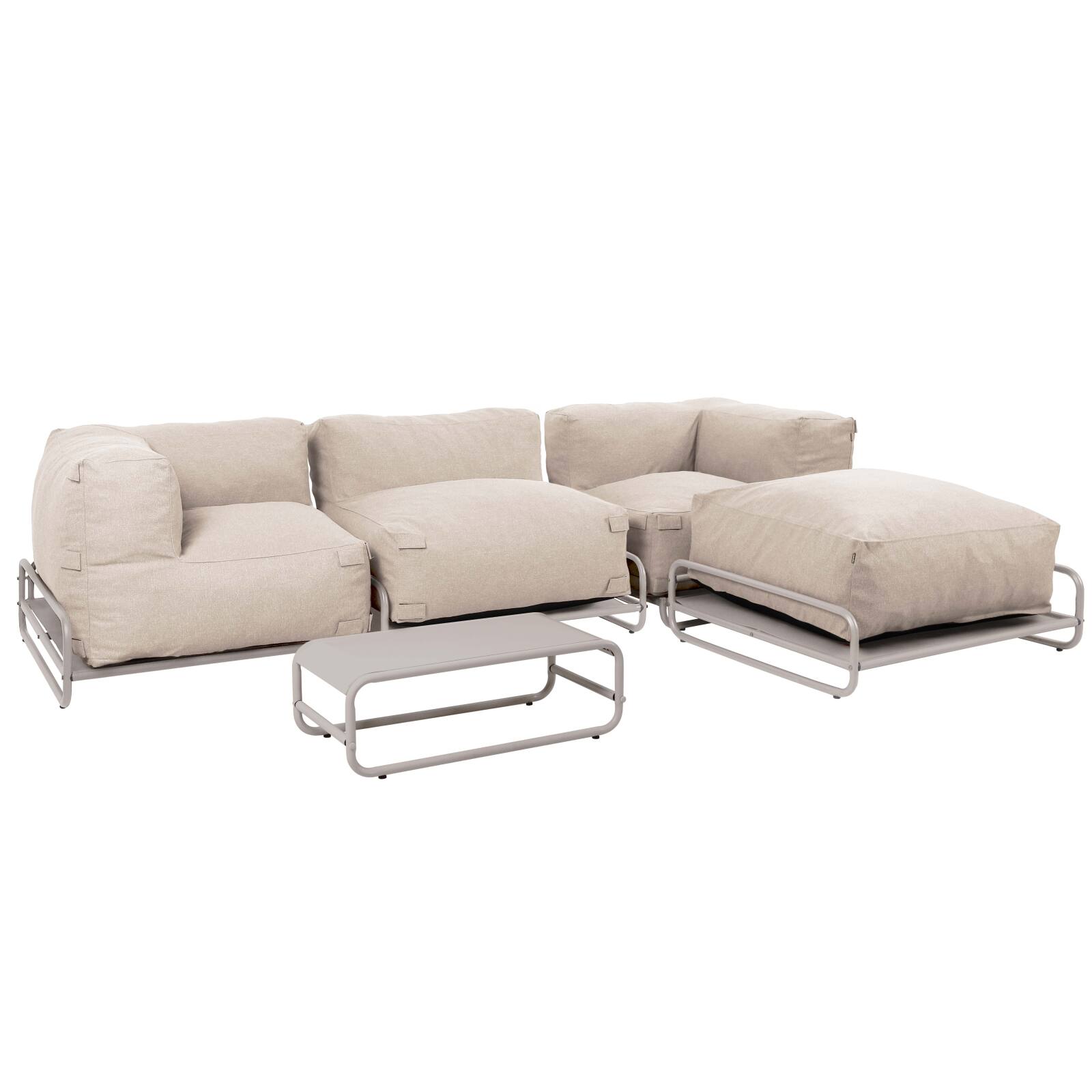 Sofá modular de exterior para 4 personas con estructura,1 sillón, 2 sillones esquineros, 1 puf y 1 mesa de centro 