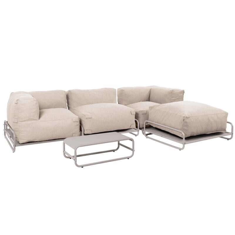 Sofá modular de exterior para 4 personas con estructura,1 sillón, 2 sillones esquineros, 1 puf y 1 mesa de centro 