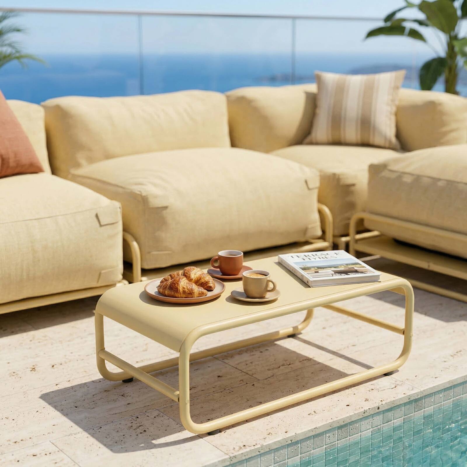 Sofá modular de exterior para 4 personas con estructura,1 sillón, 2 sillones esquineros, 1 puf y 1 mesa de centro 