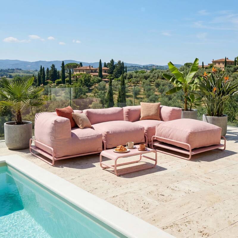 Sofá modular de exterior para 4 personas con estructura,1 sillón, 2 sillones esquineros, 1 puf y 1 mesa de centro 