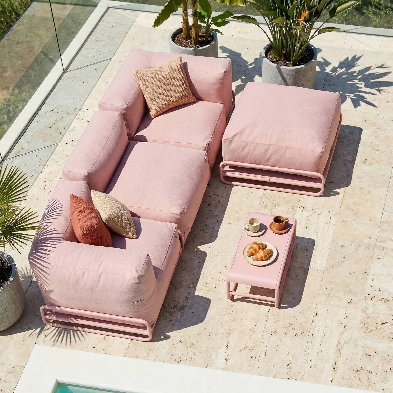 Sofá modular de exterior para 4 personas con estructura,1 sillón, 2 sillones esquineros, 1 puf y 1 mesa de centro 