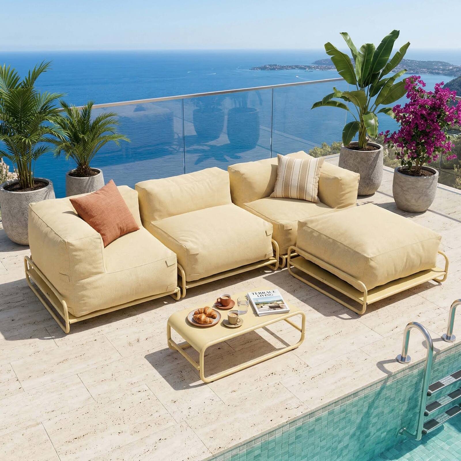 Sofá modular de exterior para 4 personas con estructura,1 sillón, 2 sillones esquineros, 1 puf y 1 mesa de centro 