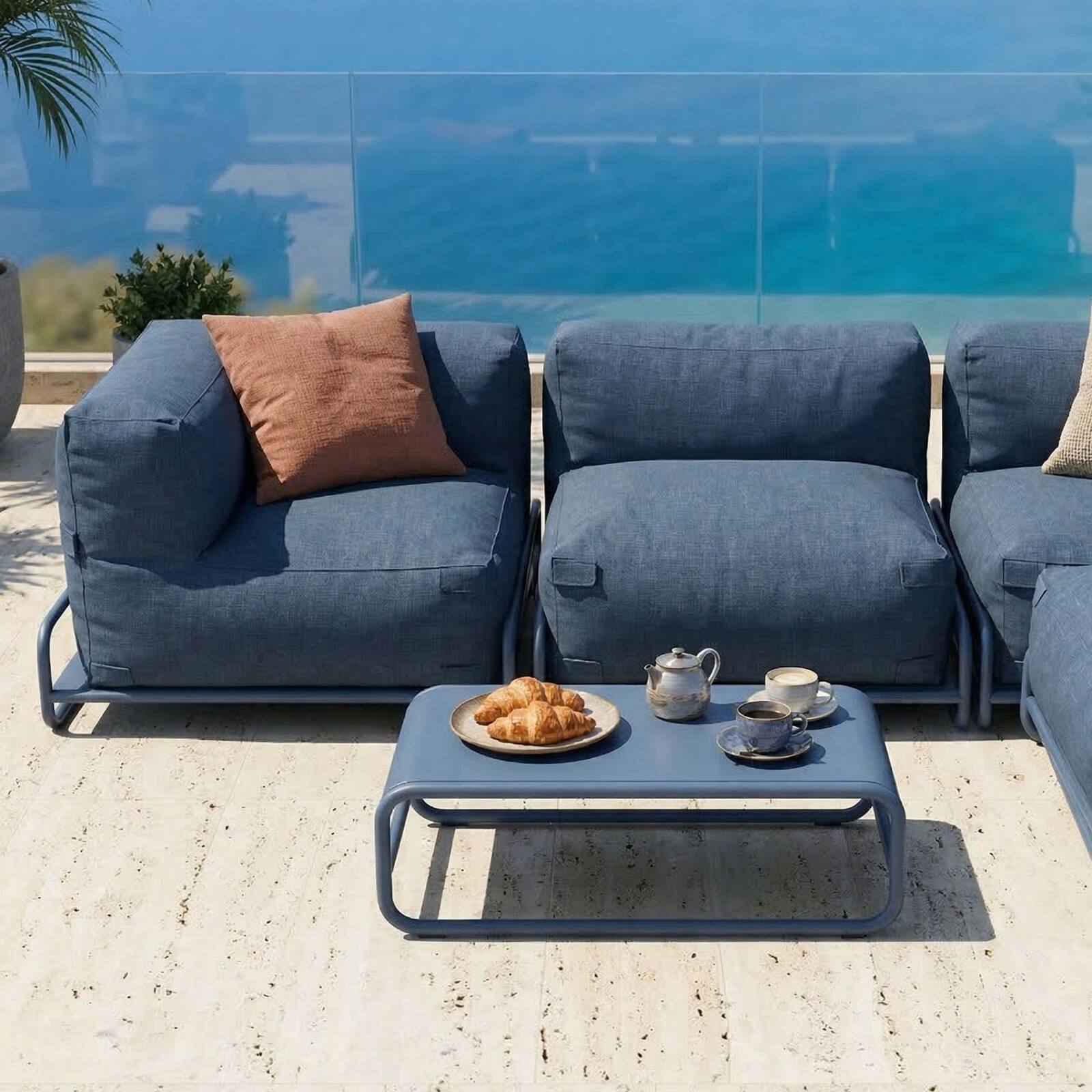 Sofá modular de exterior para 4 personas con estructura,1 sillón, 2 sillones esquineros, 1 puf y 1 mesa de centro 