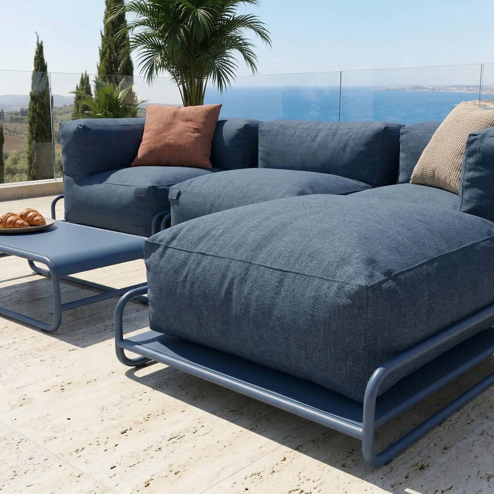 Sofá modular de exterior para 4 personas con estructura,1 sillón, 2 sillones esquineros, 1 puf y 1 mesa de centro 