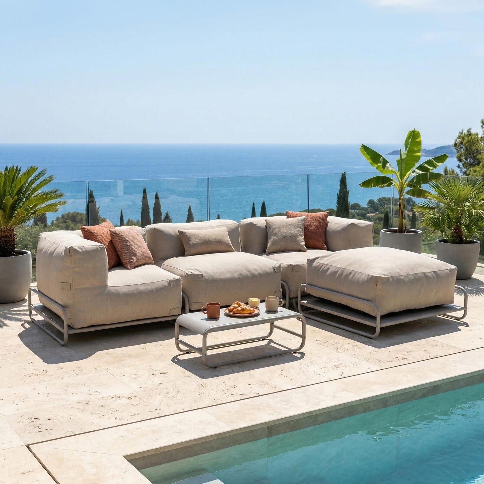 Sofá modular de exterior para 4 personas con estructura,1 sillón, 2 sillones esquineros, 1 puf y 1 mesa de centro 