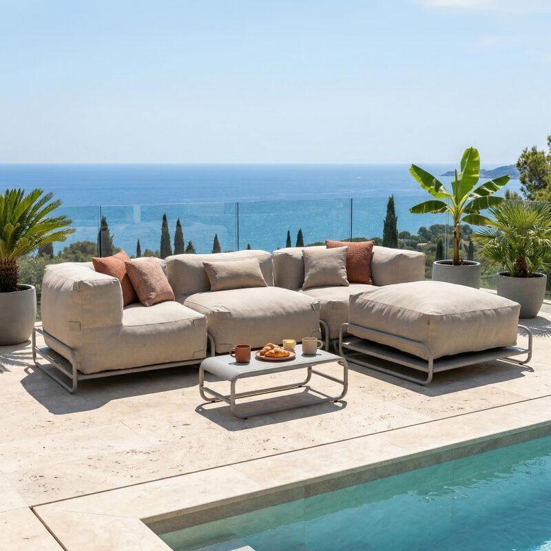 Sofá modular de exterior para 4 personas con estructura,1 sillón, 2 sillones esquineros, 1 puf y 1 mesa de centro 