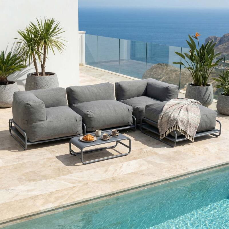 Sofá modular de exterior para 4 personas con estructura,1 sillón, 2 sillones esquineros, 1 puf y 1 mesa de centro 