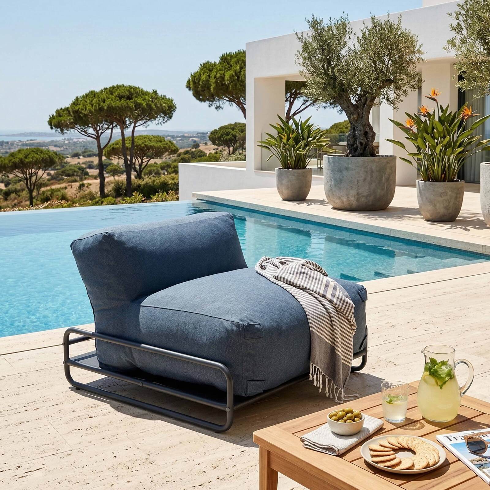 Sofá modular de exterior para 4 personas con estructura,1 sillón, 2 sillones esquineros, 1 puf y 1 mesa de centro 