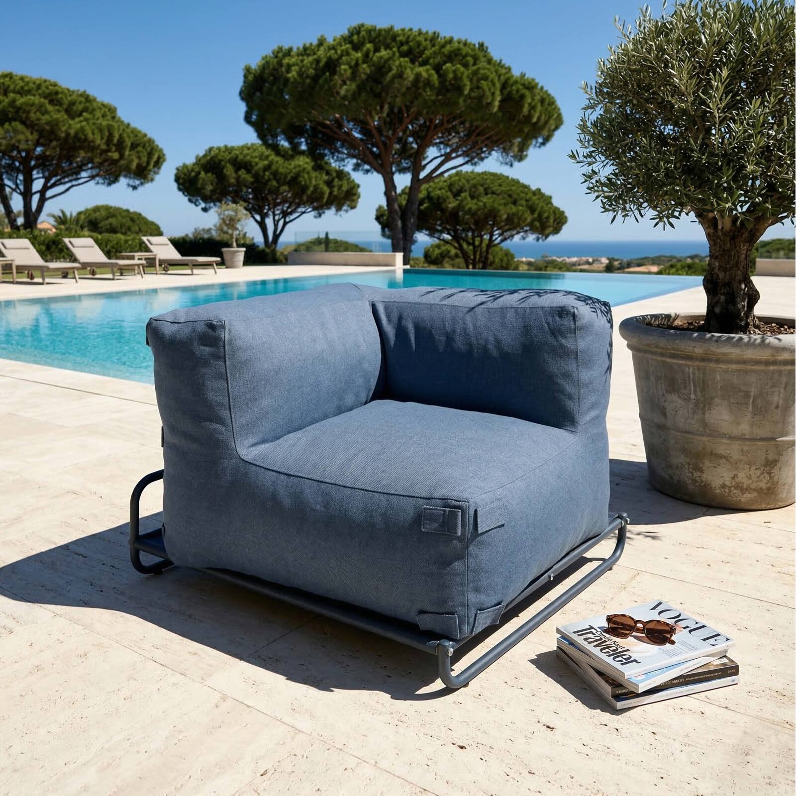 Sofá modular de exterior para 4 personas con estructura,1 sillón, 2 sillones esquineros, 1 puf y 1 mesa de centro 