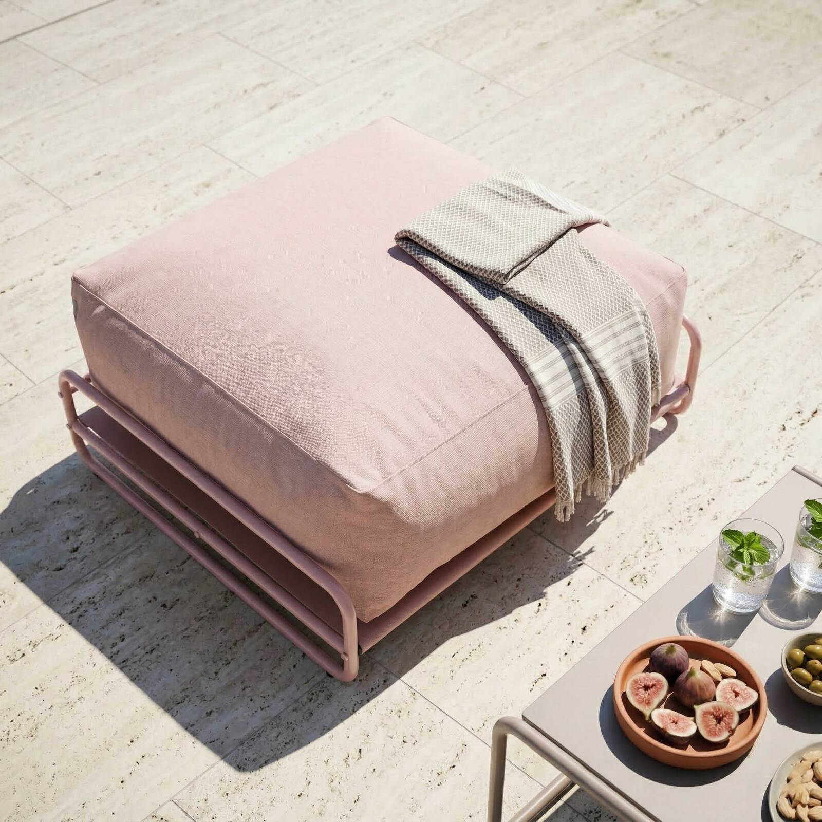 Sofá modular de exterior para 4 personas con estructura,1 sillón, 2 sillones esquineros, 1 puf y 1 mesa de centro 