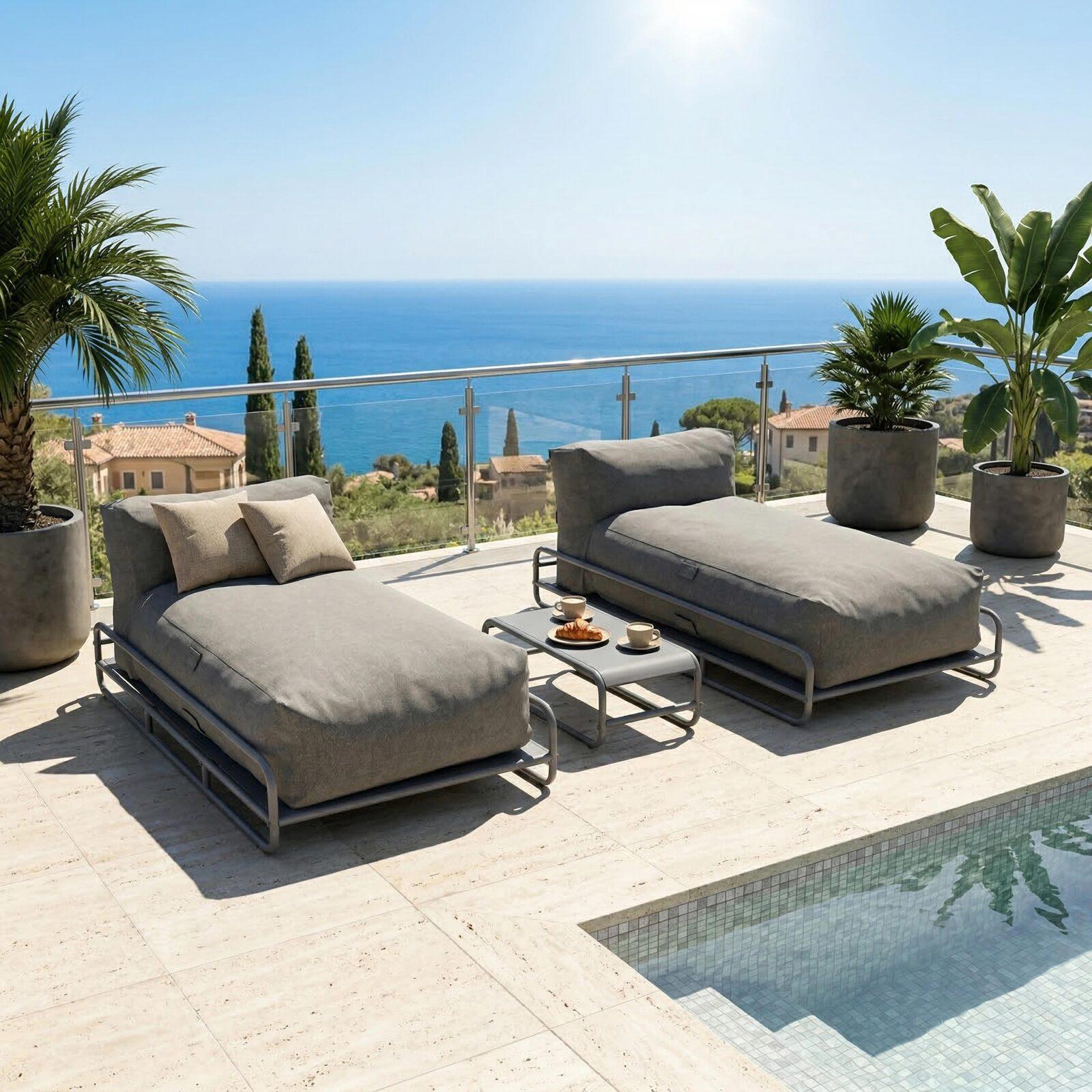 Sofá modular de exterior para 2 personas con estructura, 2 chaise longue y mesa de centro