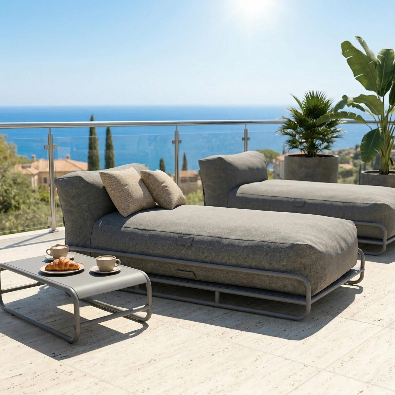 Sofá modular de exterior para 2 personas con estructura, 2 chaise longue y mesa de centro