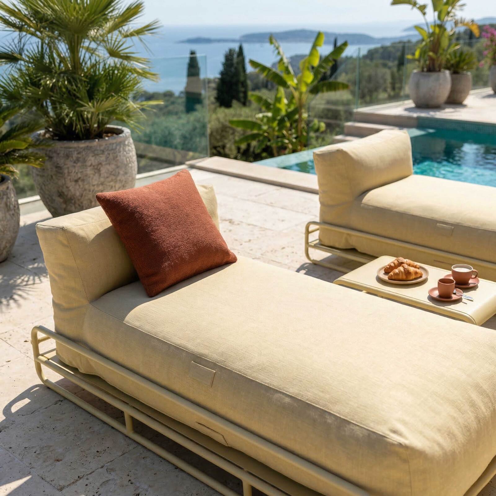 Sofá modular de exterior para 2 personas con estructura, 2 chaise longue y mesa de centro