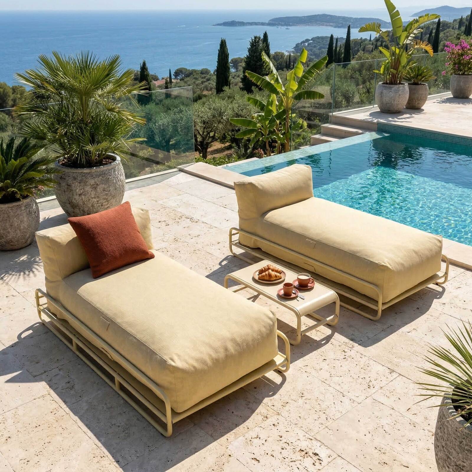 Sofá modular de exterior para 2 personas con estructura, 2 chaise longue y mesa de centro