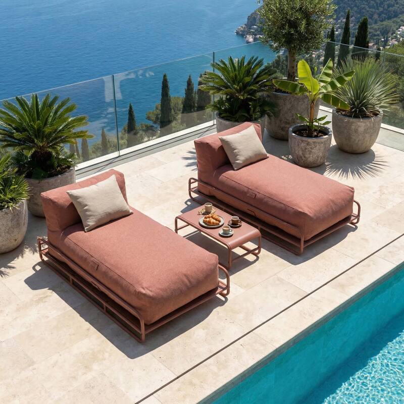 Sofá modular de exterior para 2 personas con estructura, 2 chaise longue y mesa de centro