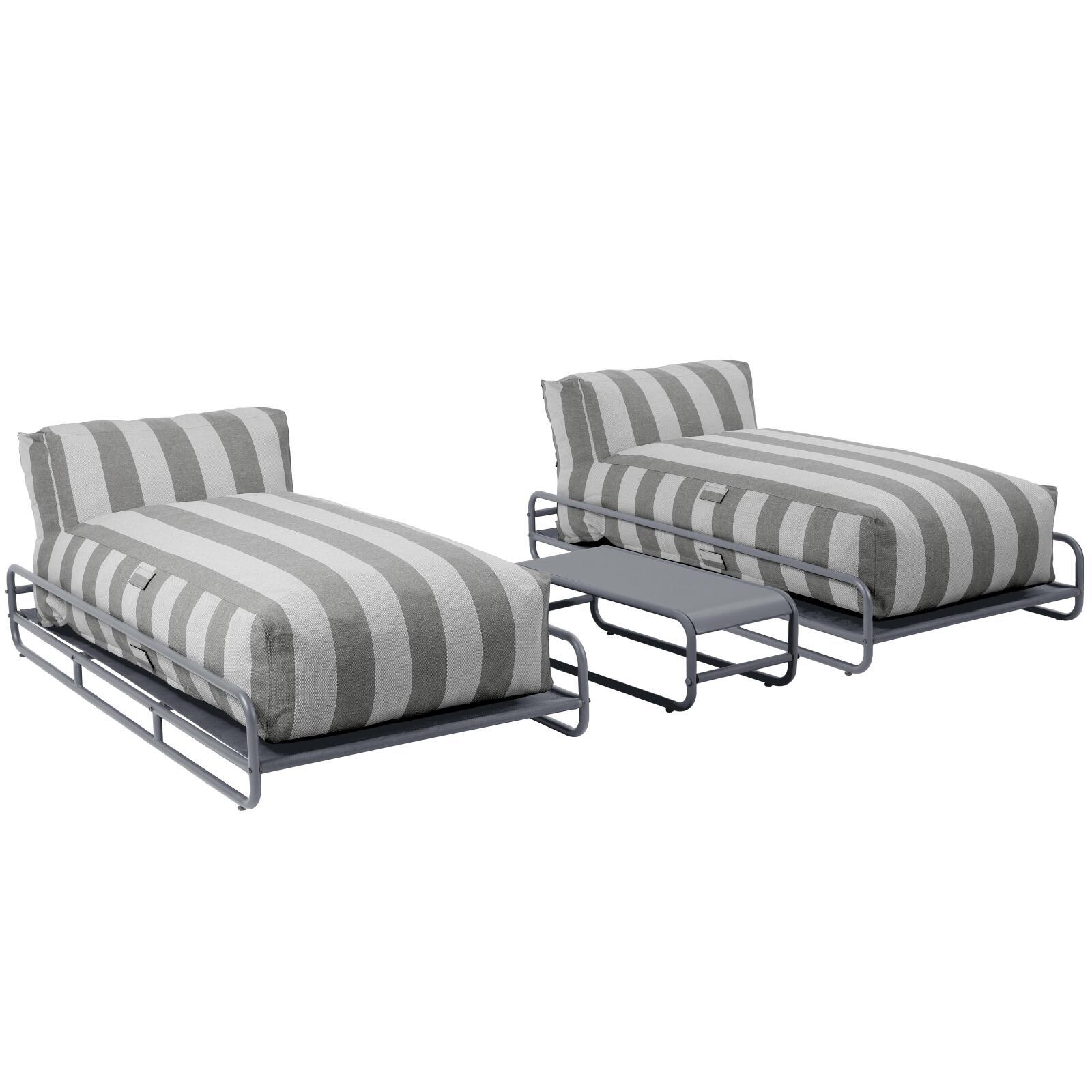 Sofá modular de exterior para 2 personas con estructura, 2 chaise longue a rayas y mesa de centro