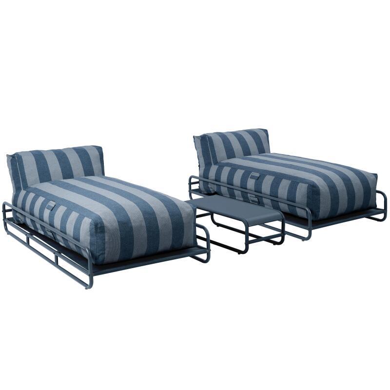 Sofá modular de exterior para 2 personas con estructura, 2 chaise longue a rayas y mesa de centro