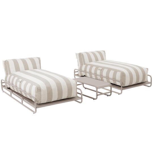 Sofá modular de exterior para 2 personas con estructura, 2 chaise longue a rayas y 1 mesa de centro | Oviala