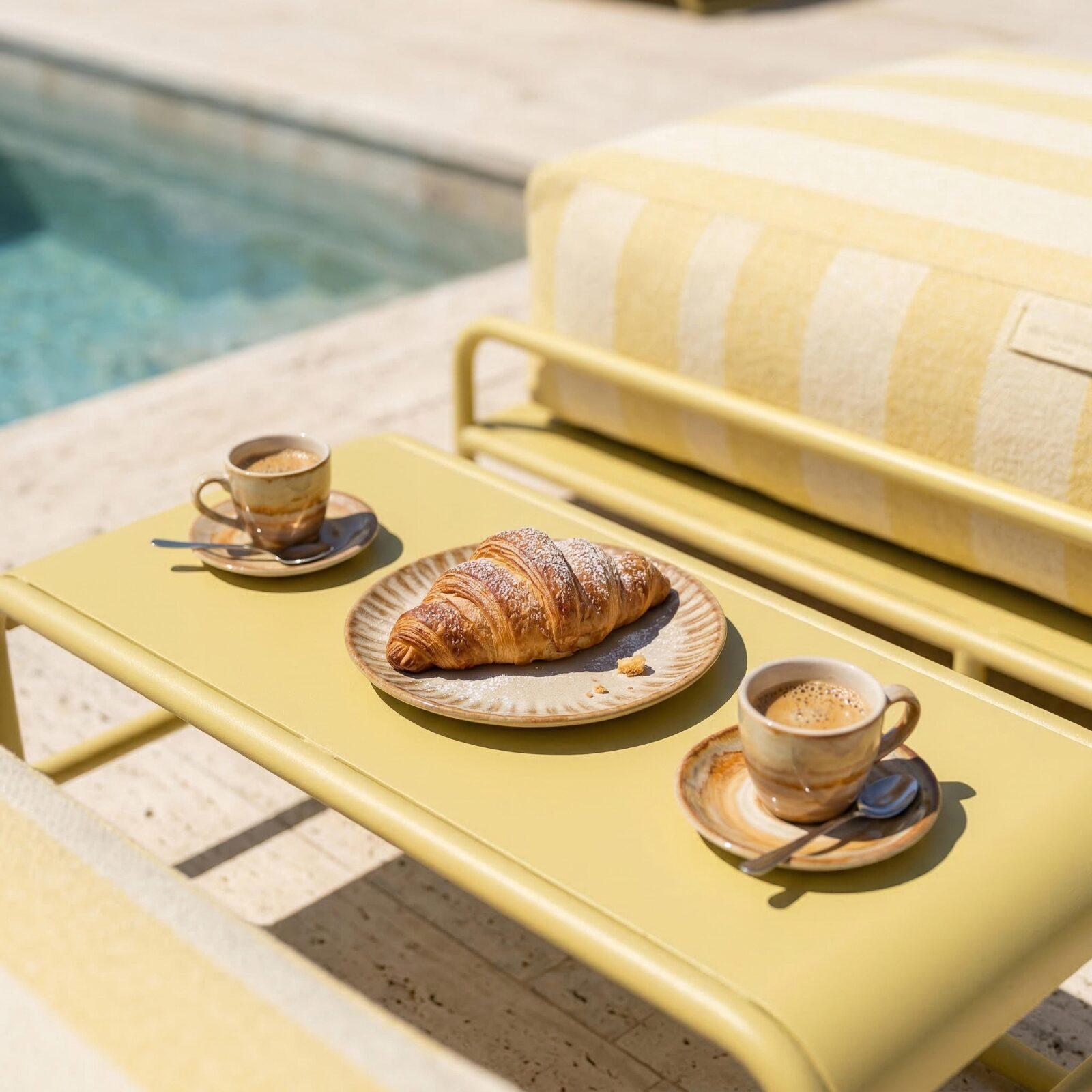 Sofá modular de exterior para 2 personas con estructura, 2 chaise longue a rayas y mesa de centro