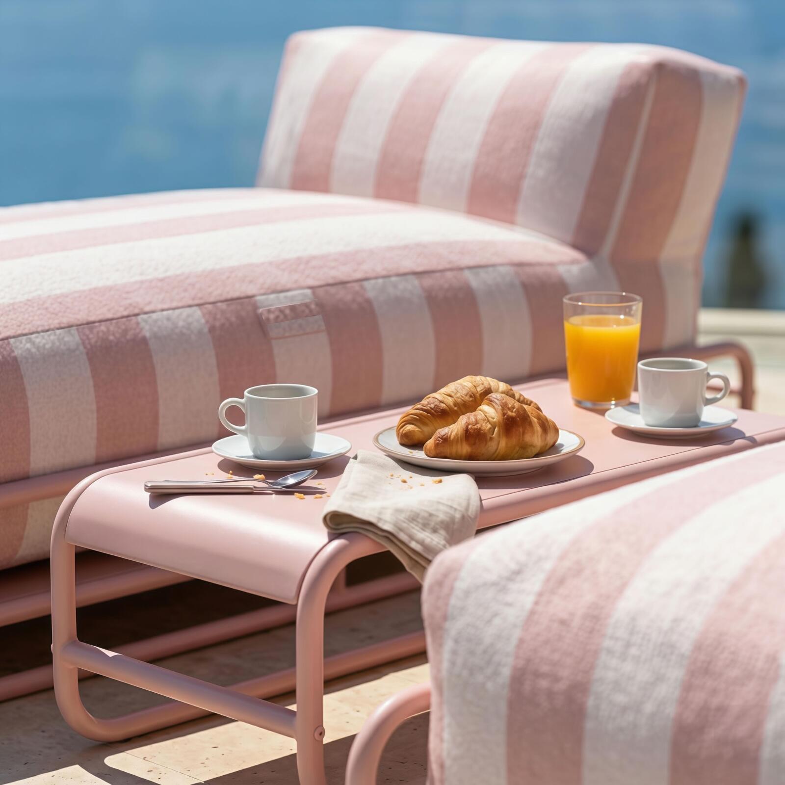 Sofá modular de exterior para 2 personas con estructura, 2 chaise longue a rayas y mesa de centro