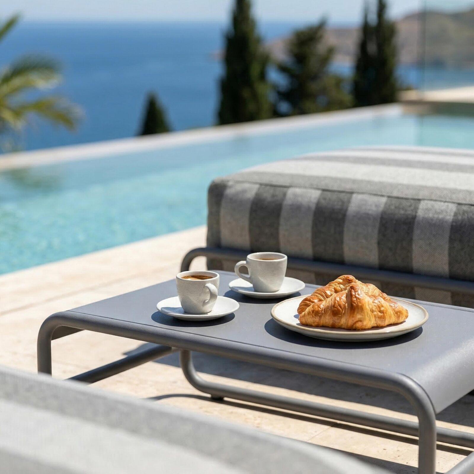 Sofá modular de exterior para 2 personas con estructura, 2 chaise longue a rayas y mesa de centro