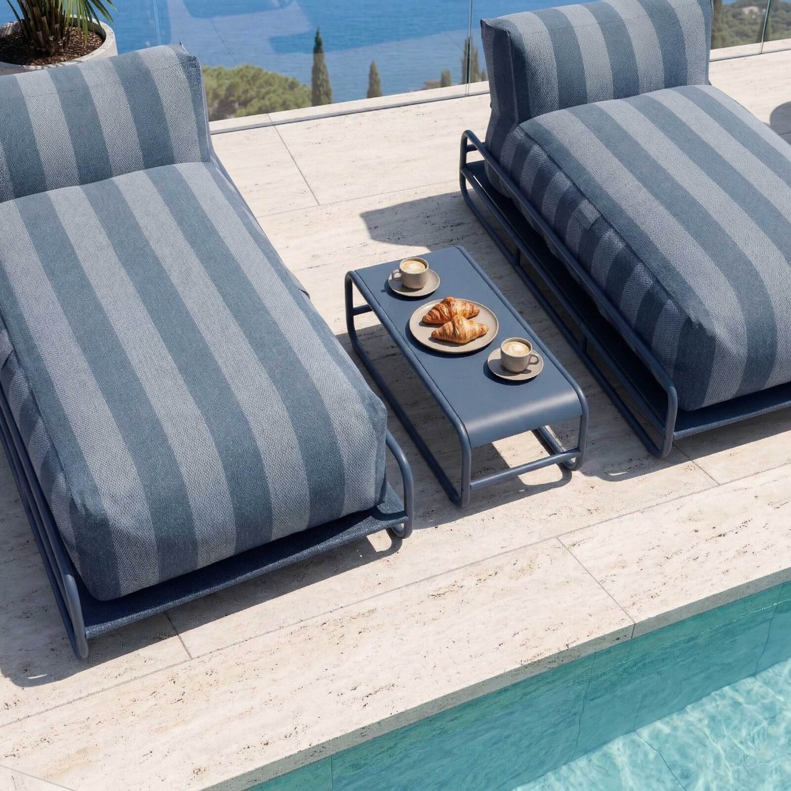 Sofá modular de exterior para 2 personas con estructura, 2 chaise longue a rayas y mesa de centro
