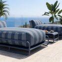Sofá modular de exterior para 2 personas con estructura, 2 chaise longue a rayas y mesa de centro