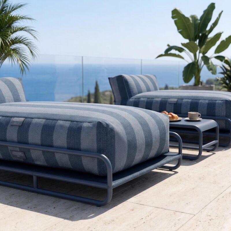 Sofá modular de exterior para 2 personas con estructura, 2 chaise longue a rayas y mesa de centro (4/7)