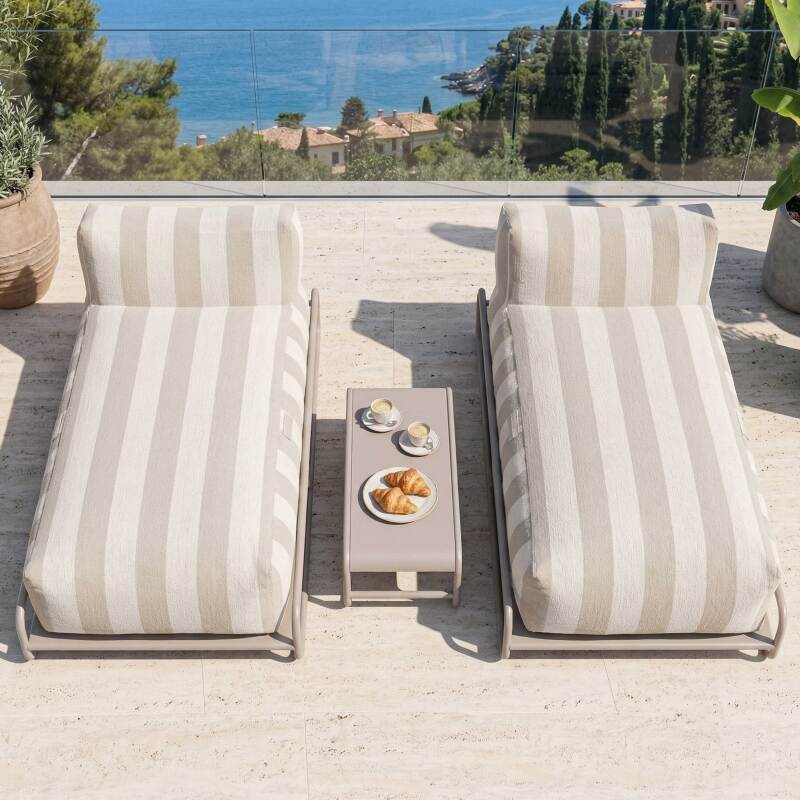 Sofá modular de exterior para 2 personas con estructura, 2 chaise longue a rayas y mesa de centro (2/7)