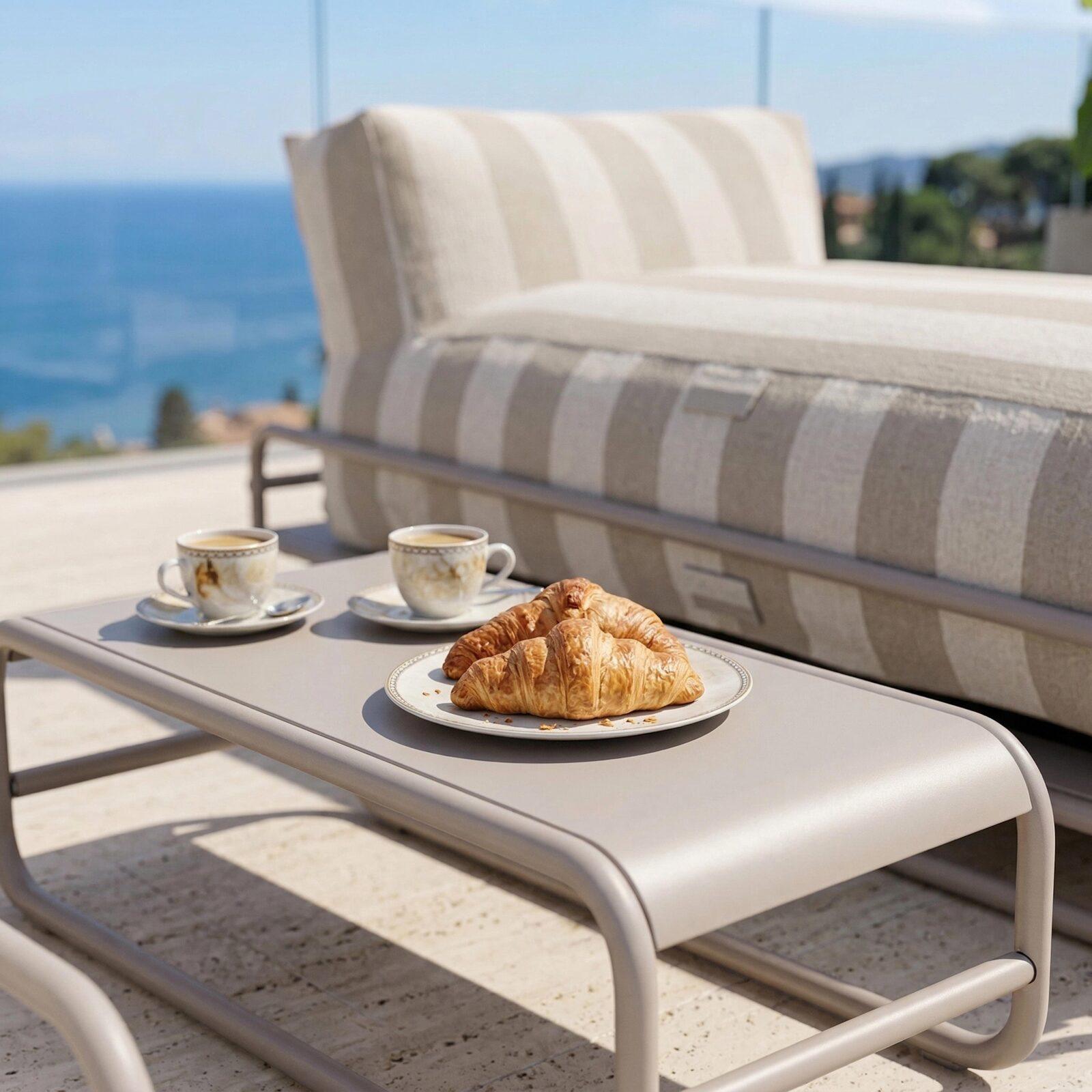 Sofá modular de exterior para 2 personas con estructura, 2 chaise longue a rayas y mesa de centro