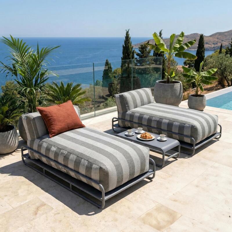Sofá modular de exterior para 2 personas con estructura, 2 chaise longue a rayas y mesa de centro