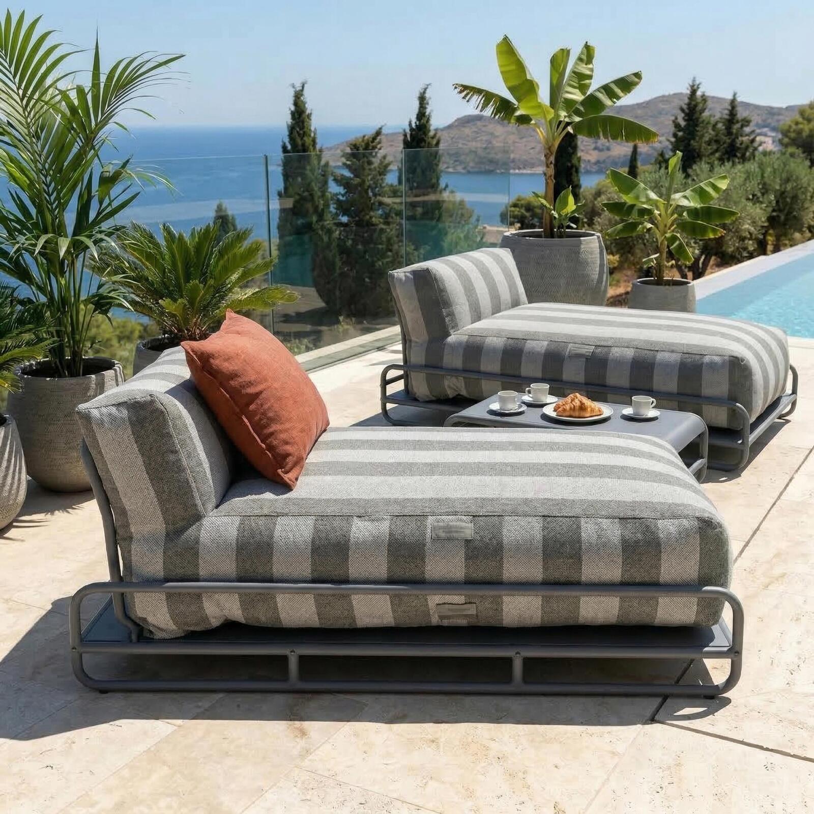 Sofá modular de exterior para 2 personas con estructura, 2 chaise longue a rayas y mesa de centro