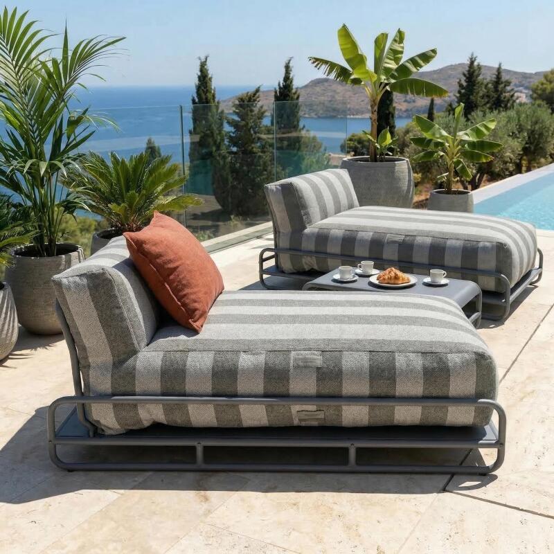 Sofá modular de exterior para 2 personas con estructura, 2 chaise longue a rayas y mesa de centro (4/7)