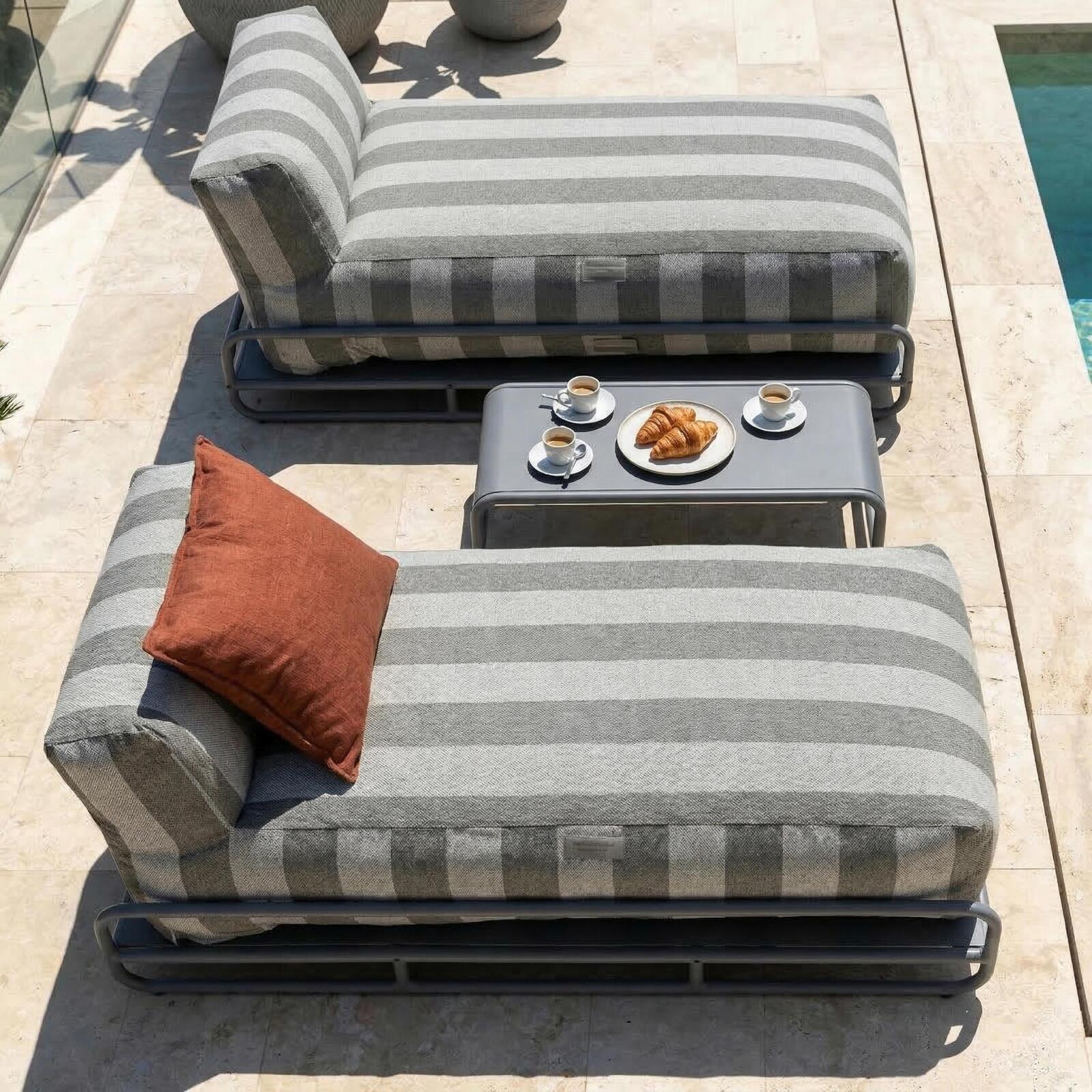 Sofá modular de exterior para 2 personas con estructura, 2 chaise longue a rayas y mesa de centro
