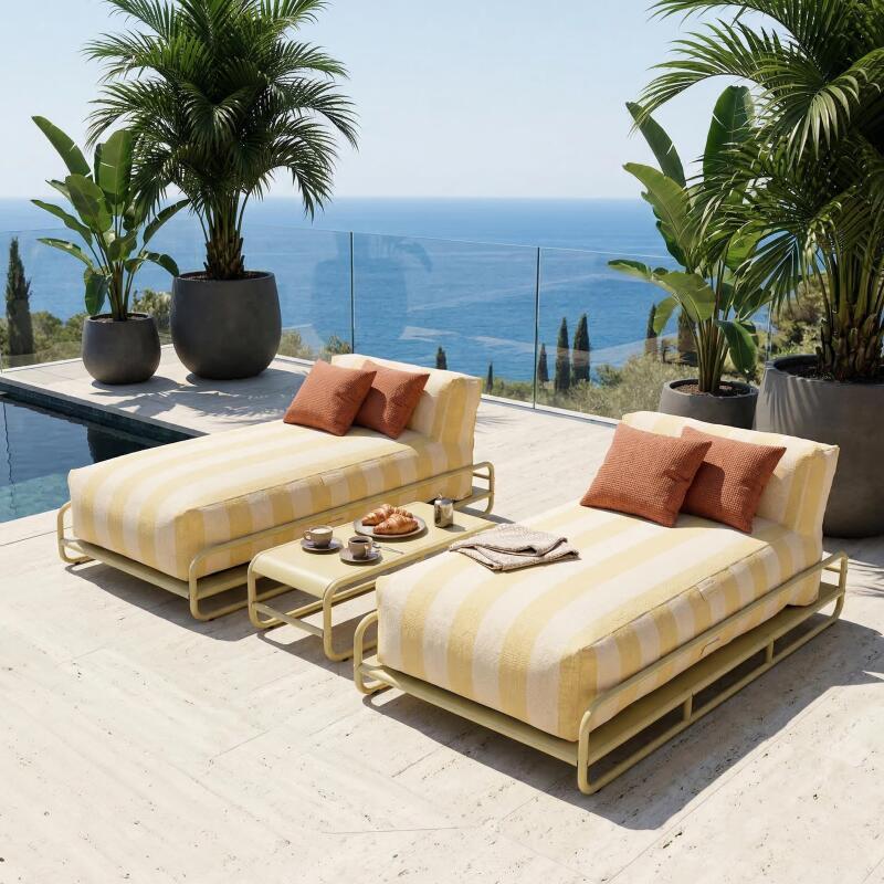 Sofá modular de exterior para 2 personas con estructura, 2 chaise longue a rayas y mesa de centro