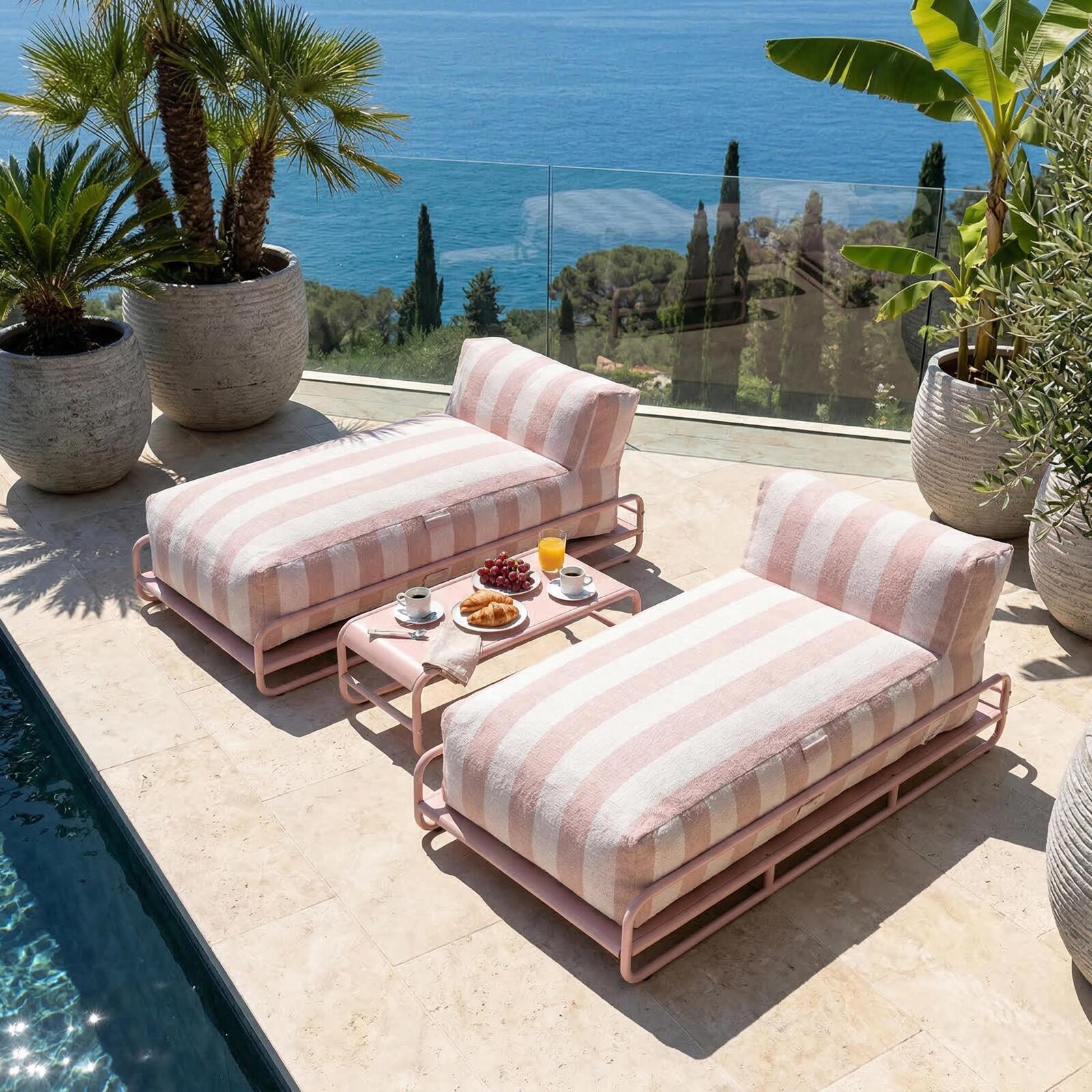 Sofá modular de exterior para 2 personas con estructura, 2 chaise longue a rayas y mesa de centro