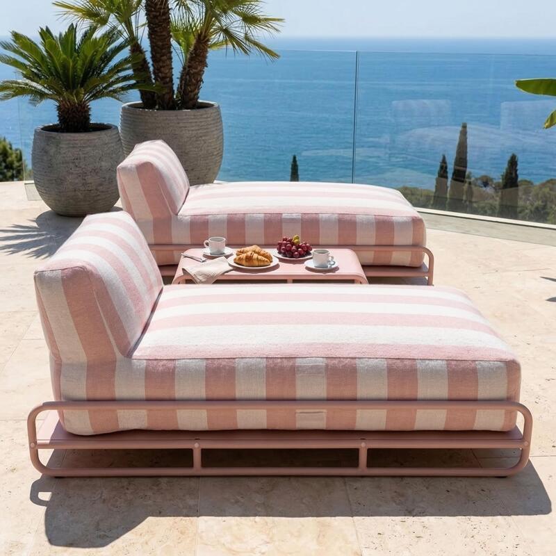 Sofá modular de exterior para 2 personas con estructura, 2 chaise longue a rayas y mesa de centro (4/7)