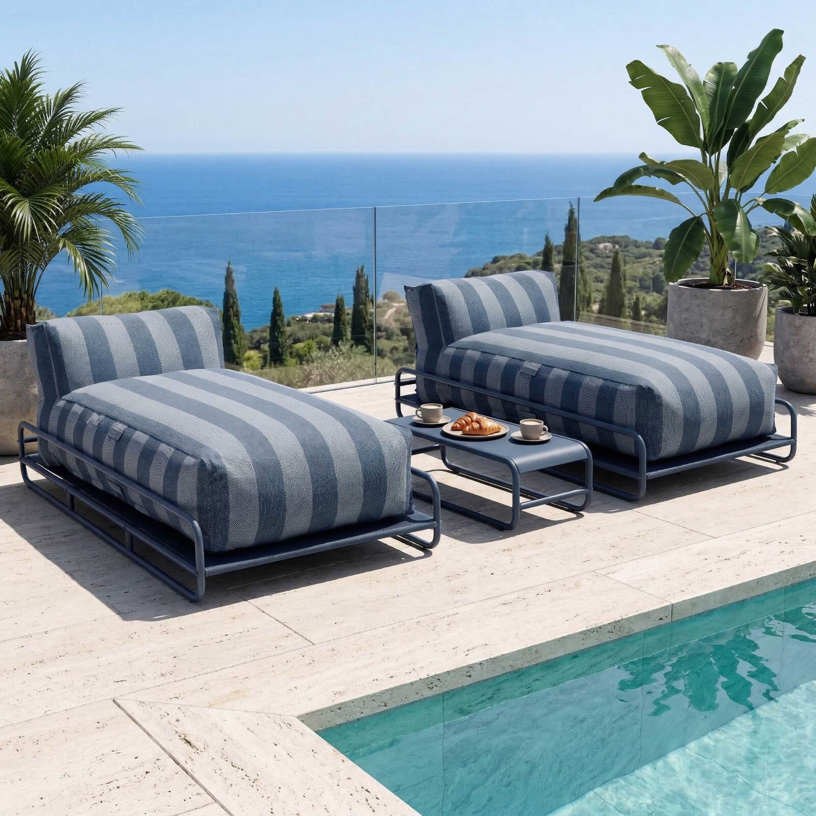 Sofá modular de exterior para 2 personas con estructura, 2 chaise longue a rayas y mesa de centro