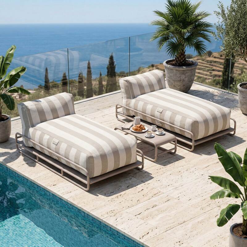 Sofá modular de exterior para 2 personas con estructura, 2 chaise longue a rayas y mesa de centro