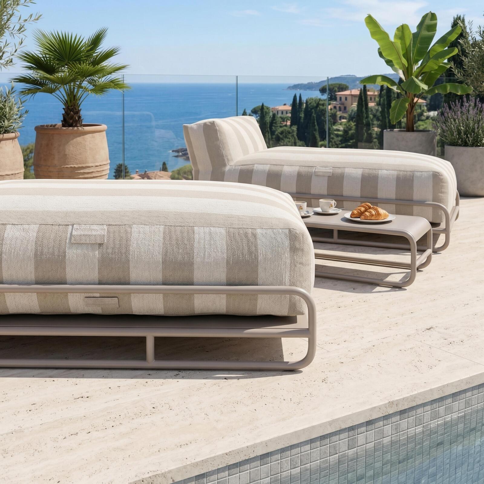 Sofá modular de exterior para 2 personas con estructura, 2 chaise longue a rayas y mesa de centro