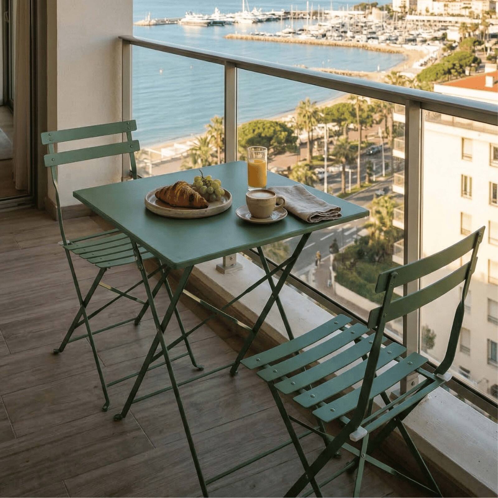 Mesa de jardín bistro cuadrada plegable de metal de 60x60 cm y 2 sillas plegables