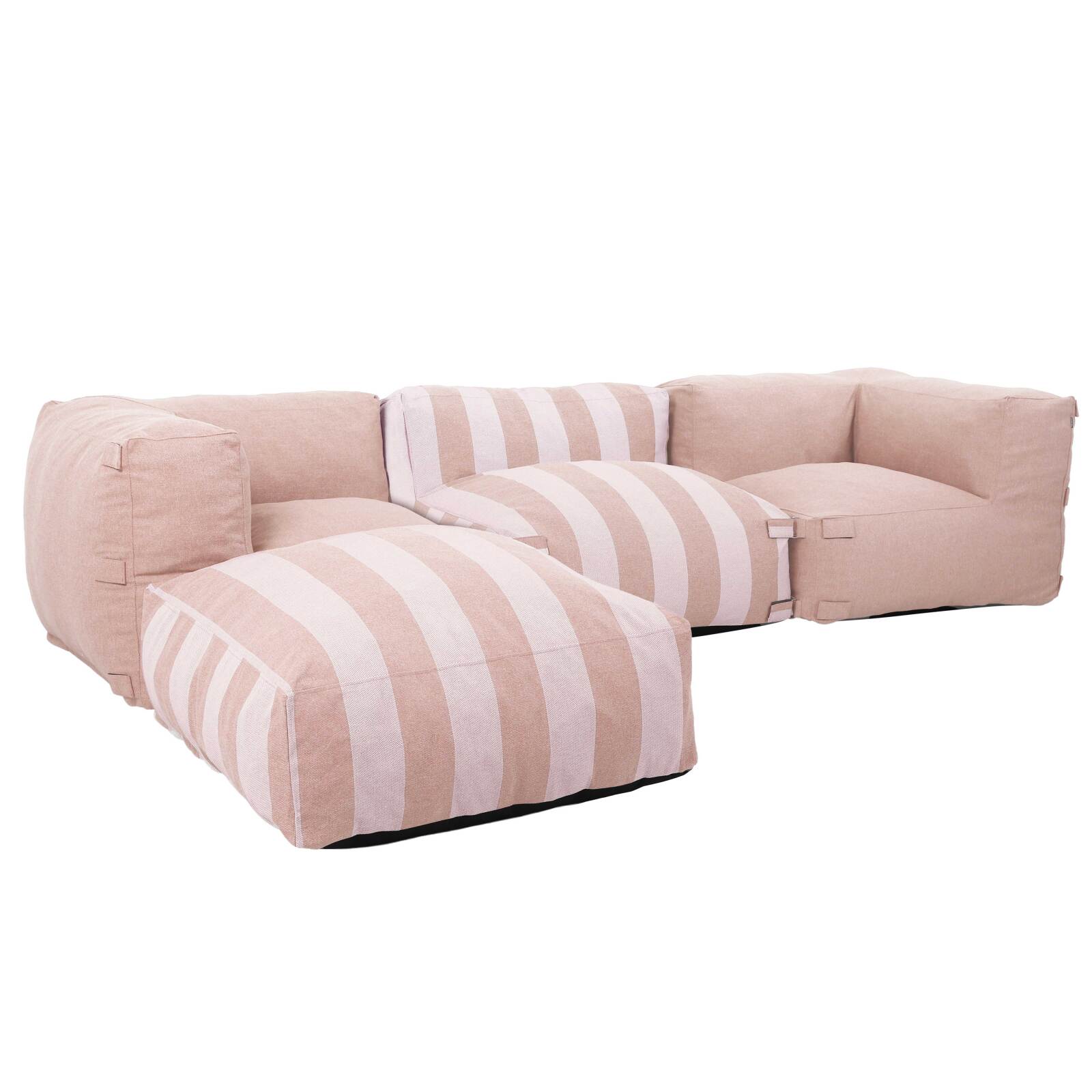 Sofá modular de exterior a rayas para 4 personas con 1 sillón, 2 sillones esquineros y 1 puf