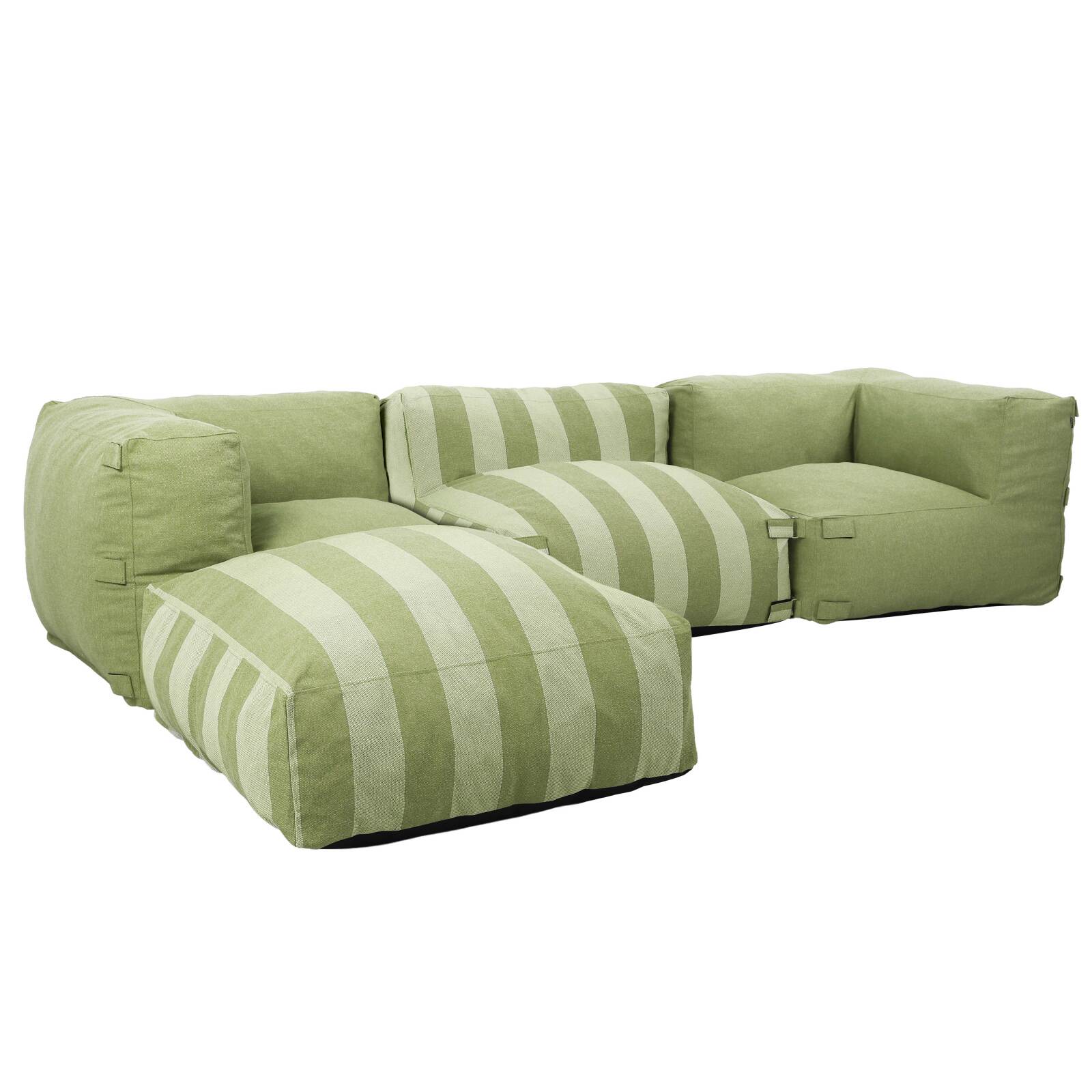 Sofá modular de exterior a rayas para 4 personas con 1 sillón, 2 sillones esquineros y 1 puf