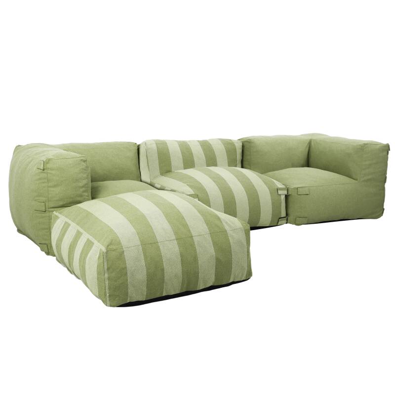 Sofá modular de exterior a rayas para 4 personas con 1 sillón, 2 sillones esquineros y 1 puf