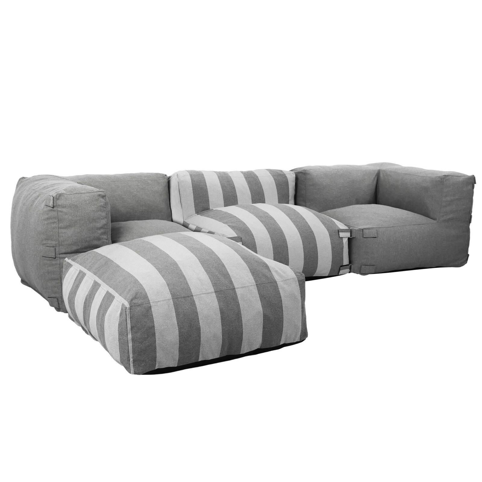 Sofá modular de exterior a rayas para 4 personas con 1 sillón, 2 sillones esquineros y 1 puf