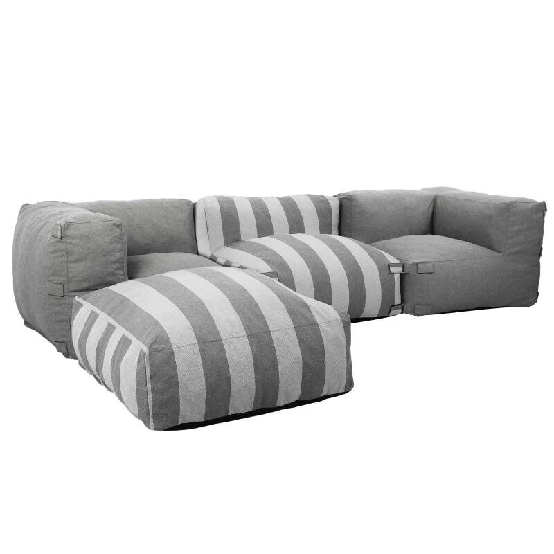 Sofá modular de exterior a rayas para 4 personas con 1 sillón, 2 sillones esquineros y 1 puf