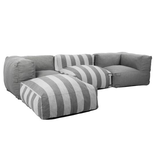 Sofá modular de exterior a rayas para 4 personas con 1 sillón, 2 sillones esquineros y 1 puf