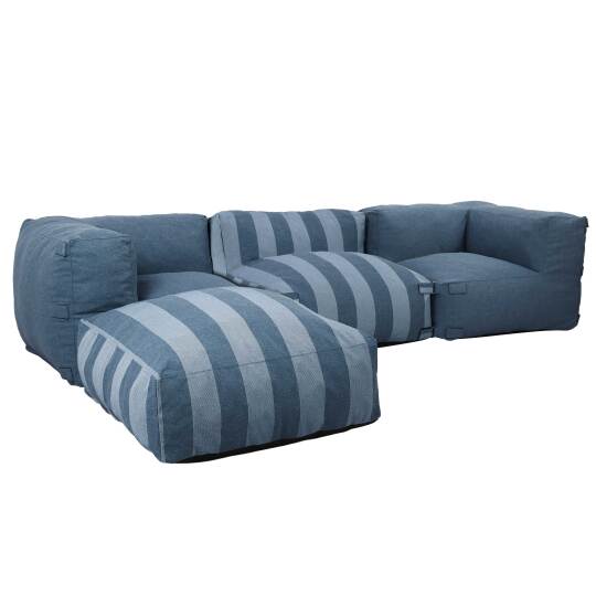 Sofá modular de exterior a rayas para 4 personas con 1 sillón, 2 sillones esquineros y 1 puf